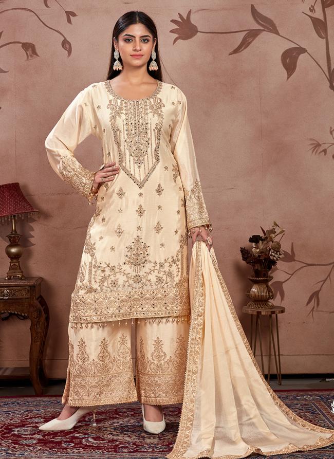 Pure Chinnon Cream Wedding Wear Embroidery Work Readymade Plazzo Suit